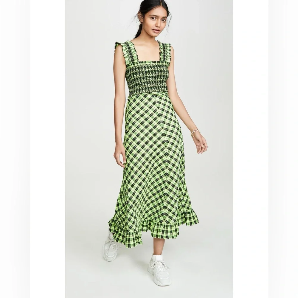 GANNI Seersucker Check Maxi Dress in green - Picture 7 of 13